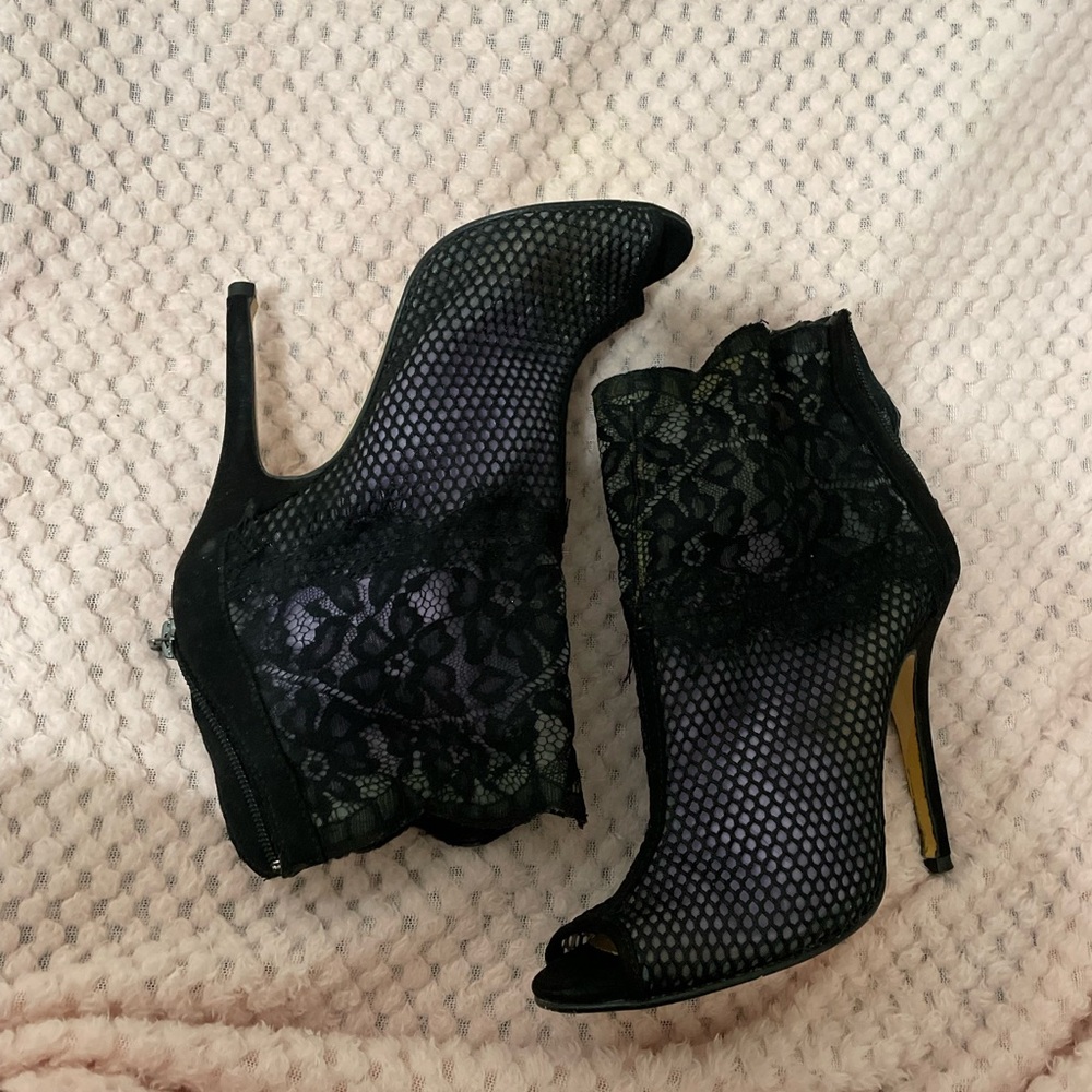 Chinese Laundry Lace Peep Toe Bootie Black Heels